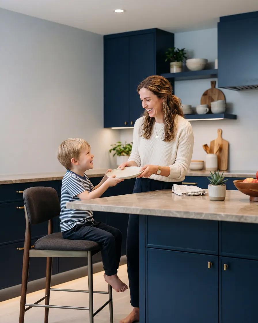 Mãe e filho conversando na bancada de uma cozinha planejada sob medida em azul profundo